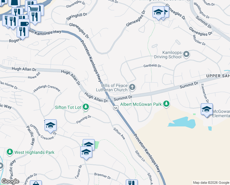 map of restaurants, bars, coffee shops, grocery stores, and more near 2084 Robson Place in Kamloops