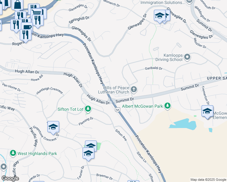 map of restaurants, bars, coffee shops, grocery stores, and more near 2020 Robson Place in Kamloops