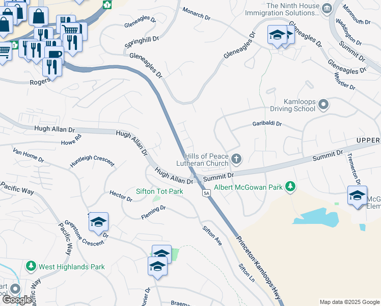 map of restaurants, bars, coffee shops, grocery stores, and more near 2046 Robson Place in Kamloops