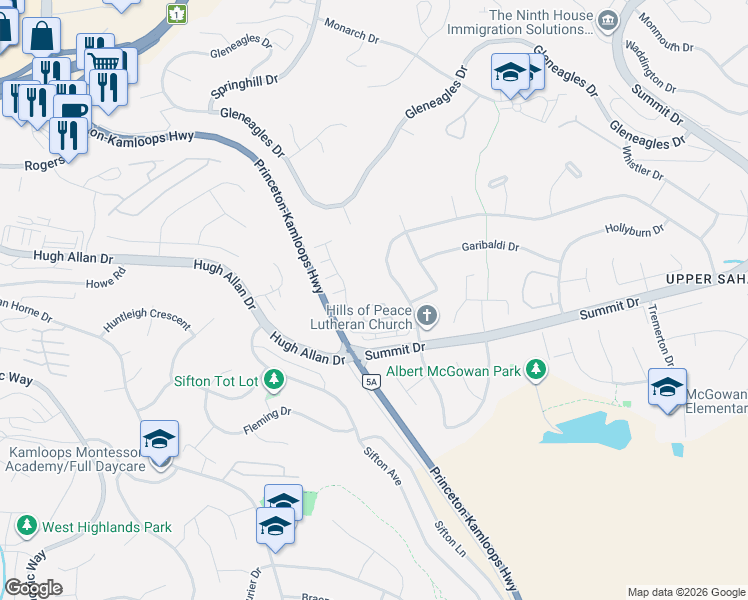 map of restaurants, bars, coffee shops, grocery stores, and more near 2020 Robson Place in Kamloops