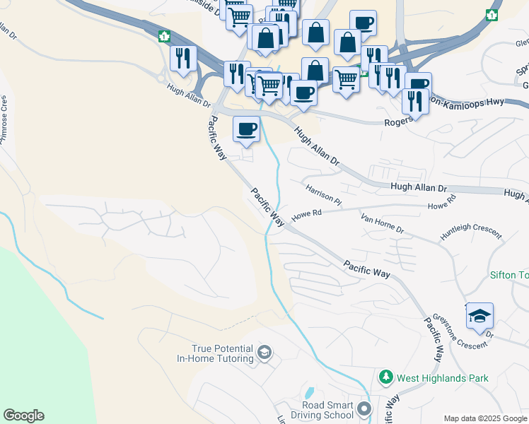 map of restaurants, bars, coffee shops, grocery stores, and more near 1990 Pacific Way in Kamloops