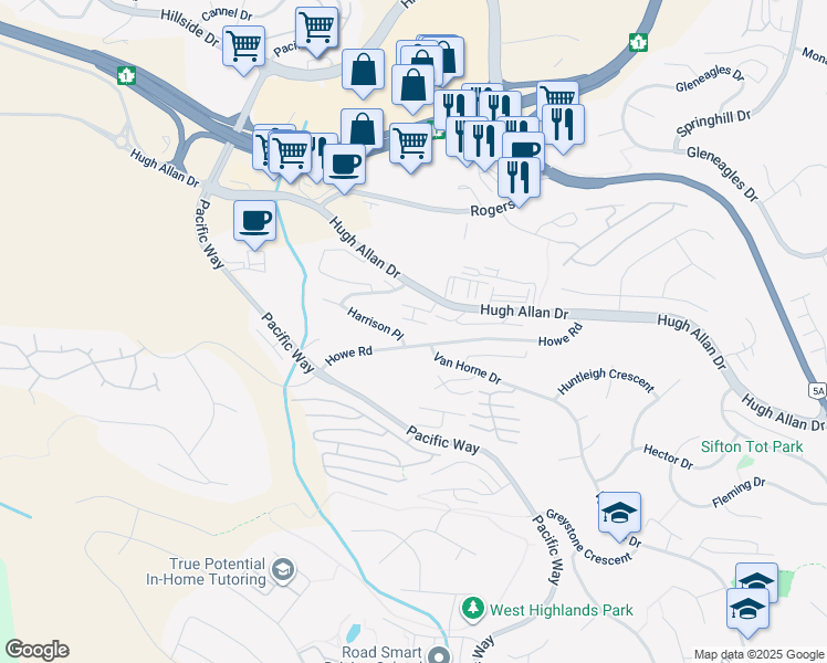 map of restaurants, bars, coffee shops, grocery stores, and more near 1200 Harrison Place in Kamloops
