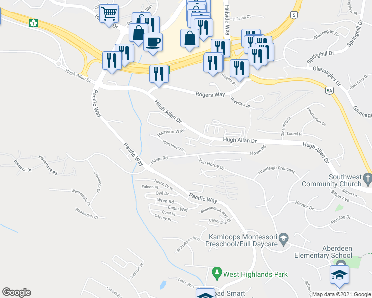 map of restaurants, bars, coffee shops, grocery stores, and more near 1185 Hugh Allan Drive in Kamloops