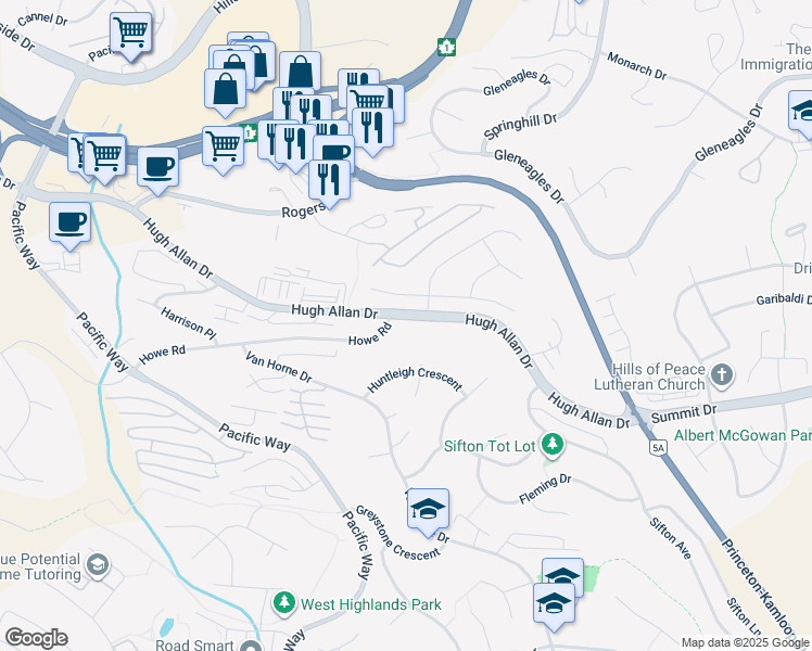 map of restaurants, bars, coffee shops, grocery stores, and more near 1051 Hugh Allan Drive in Kamloops