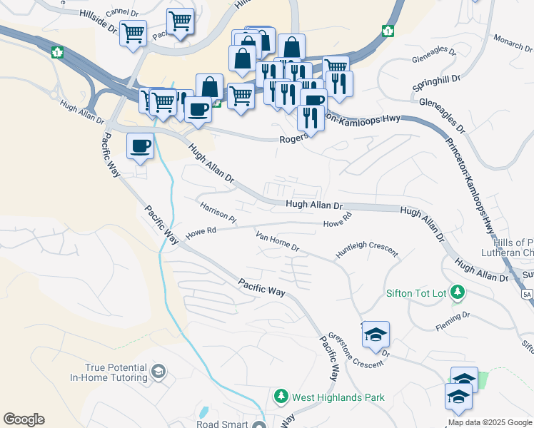 map of restaurants, bars, coffee shops, grocery stores, and more near 1155 Hugh Allan Drive in Kamloops