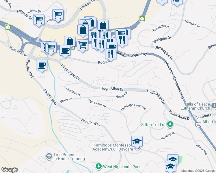 map of restaurants, bars, coffee shops, grocery stores, and more near 1160 Hugh Allan Drive in Kamloops