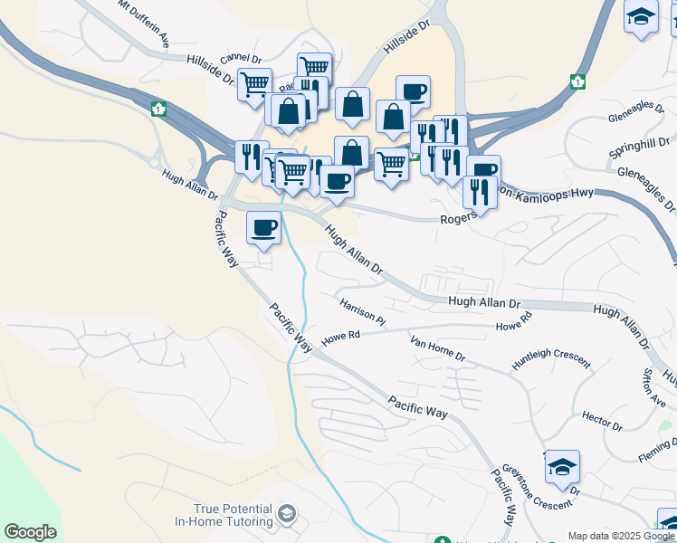 map of restaurants, bars, coffee shops, grocery stores, and more near 1221 Hugh Allan Drive in Kamloops
