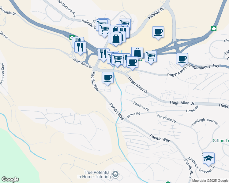 map of restaurants, bars, coffee shops, grocery stores, and more near 1410 Pearson Place in Kamloops