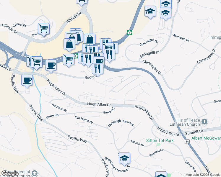 map of restaurants, bars, coffee shops, grocery stores, and more near 1950 Braeview Place in Kamloops
