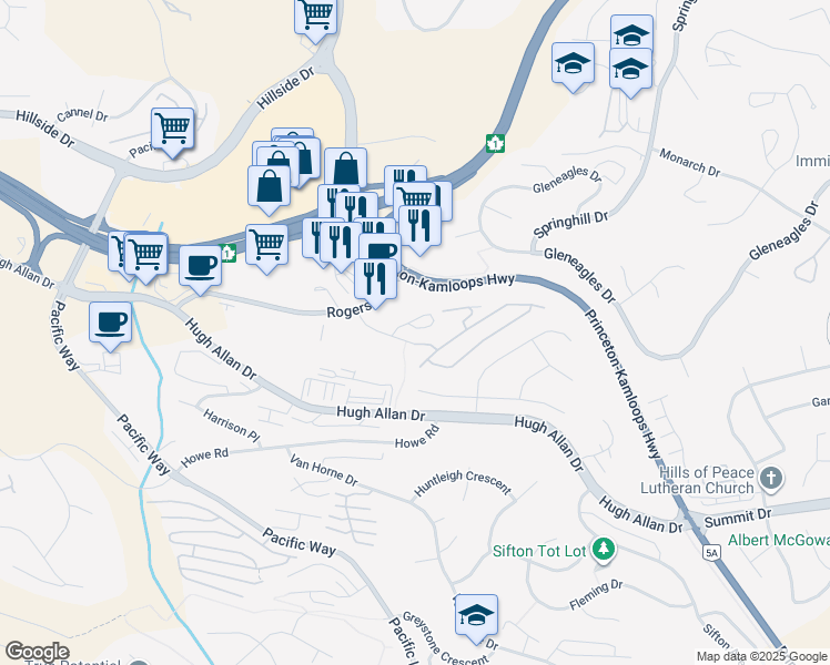 map of restaurants, bars, coffee shops, grocery stores, and more near 1970 Braeview Place in Kamloops
