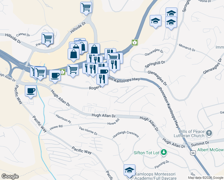 map of restaurants, bars, coffee shops, grocery stores, and more near 1970 Braeview Place in Kamloops