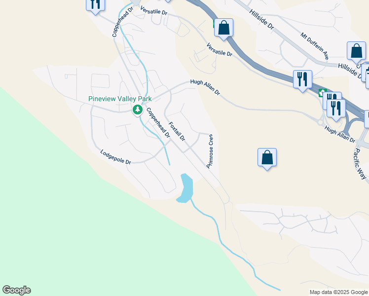 map of restaurants, bars, coffee shops, grocery stores, and more near 1798 Foxtail Drive in Kamloops