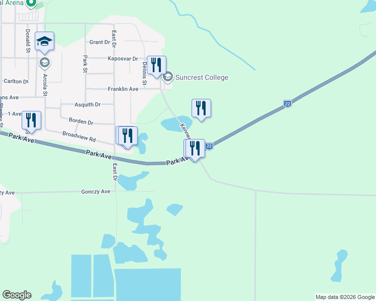map of restaurants, bars, coffee shops, grocery stores, and more near 300 Kennedy Drive in Esterhazy