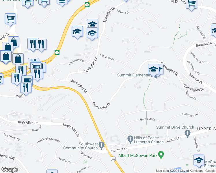 map of restaurants, bars, coffee shops, grocery stores, and more near 1907 Glen Gary Drive in Kamloops