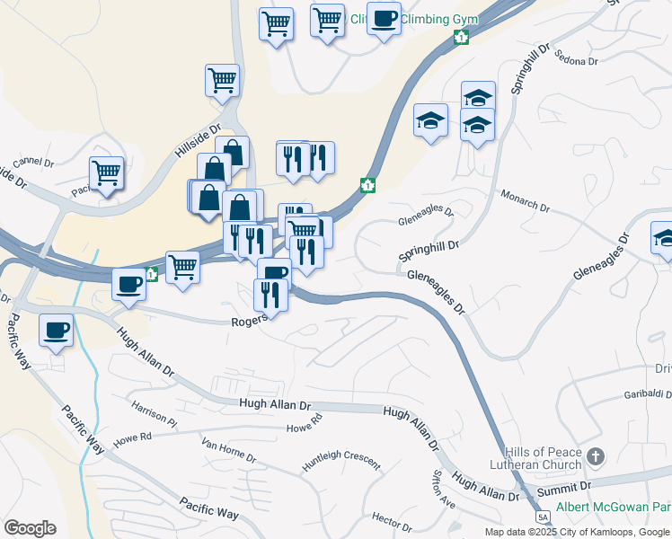 map of restaurants, bars, coffee shops, grocery stores, and more near 933 Glenshee Place in Kamloops
