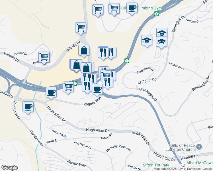 map of restaurants, bars, coffee shops, grocery stores, and more near 1801 Princeton-Kamloops Highway in Kamloops