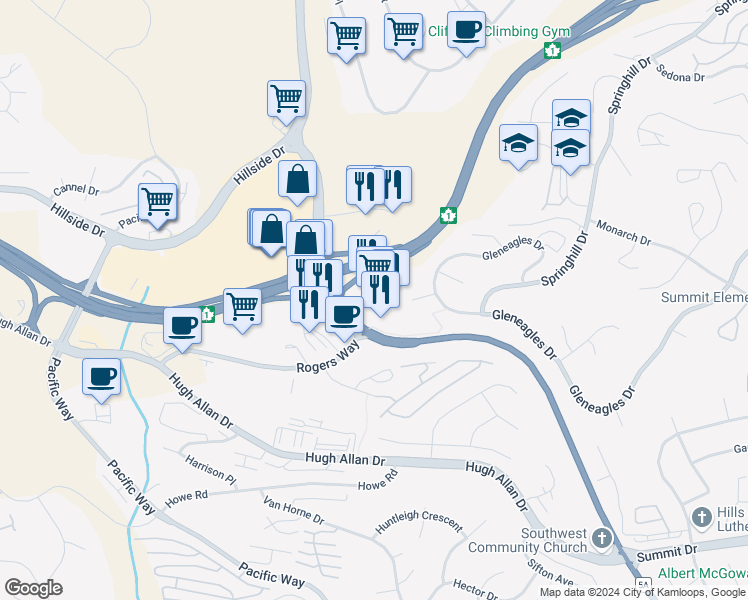 map of restaurants, bars, coffee shops, grocery stores, and more near 1801 Princeton-Kamloops Highway in Kamloops