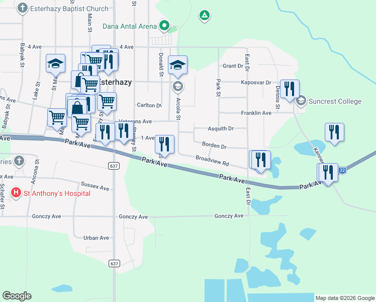 map of restaurants, bars, coffee shops, grocery stores, and more near 1111 Borden Drive in Esterhazy