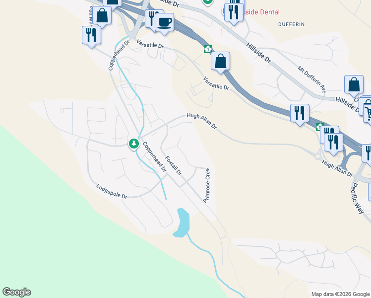 map of restaurants, bars, coffee shops, grocery stores, and more near 1789 Primrose Court in Kamloops