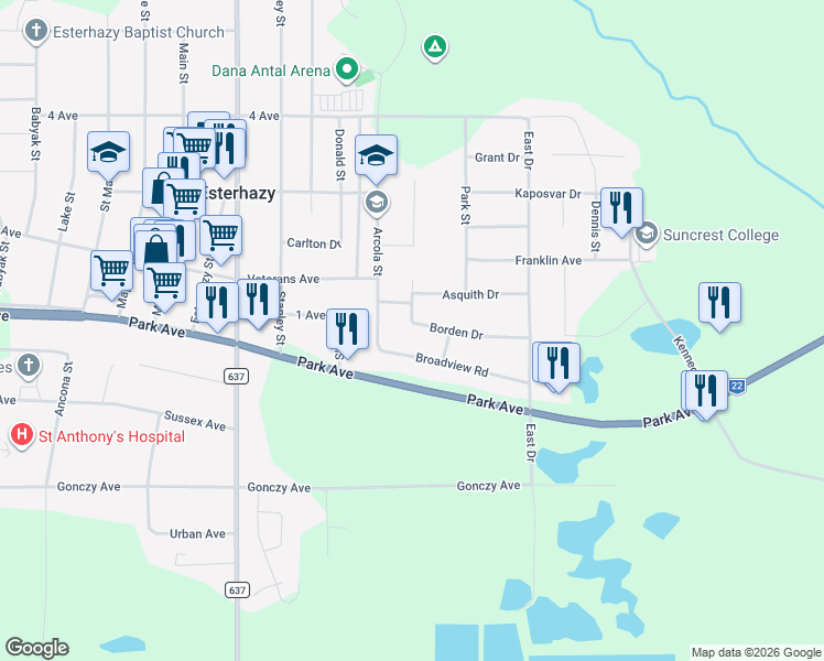 map of restaurants, bars, coffee shops, grocery stores, and more near 1111 Borden Drive in Esterhazy