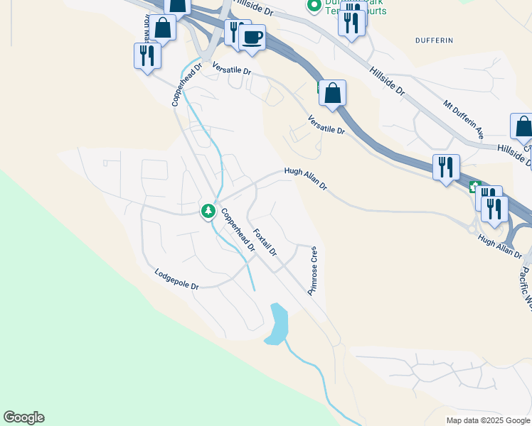 map of restaurants, bars, coffee shops, grocery stores, and more near 1736 Primrose Court in Kamloops