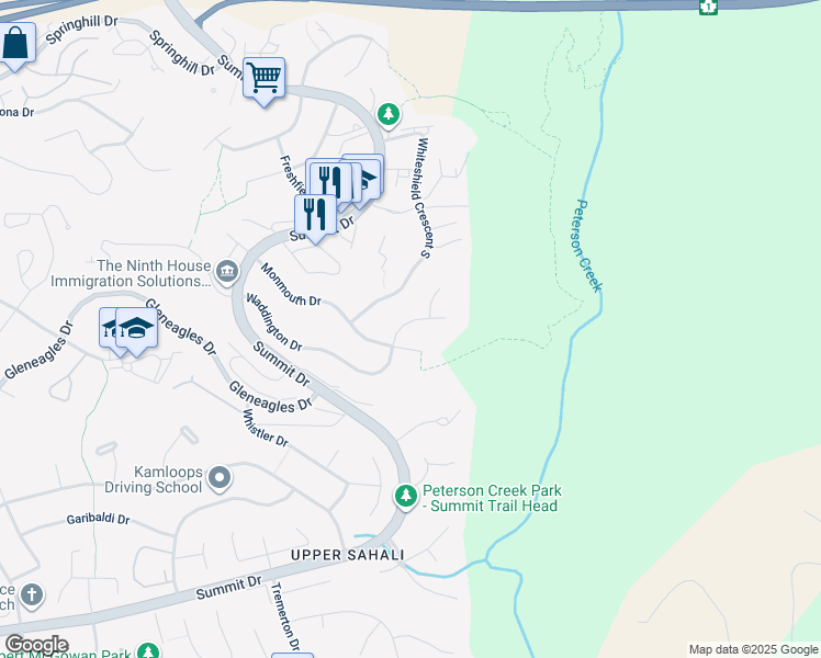map of restaurants, bars, coffee shops, grocery stores, and more near 135 Waddington Drive in Kamloops