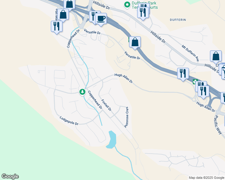 map of restaurants, bars, coffee shops, grocery stores, and more near 1723 Primrose Court in Kamloops