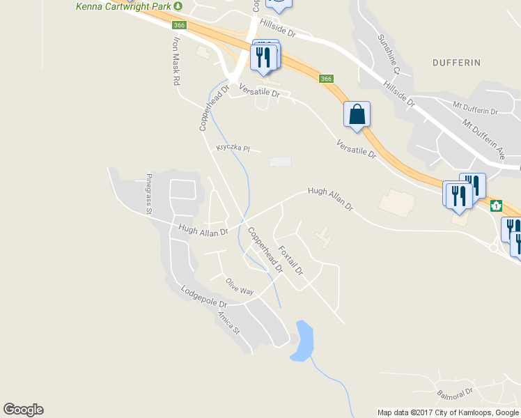 map of restaurants, bars, coffee shops, grocery stores, and more near 1850 Hugh Allan Drive in Kamloops