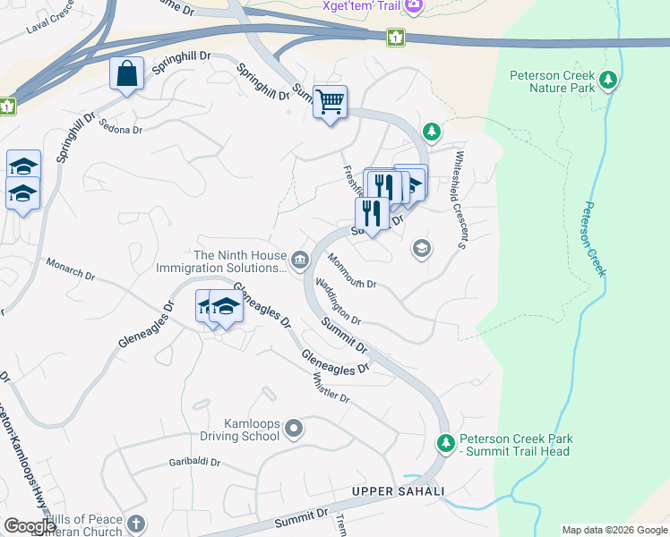 map of restaurants, bars, coffee shops, grocery stores, and more near 271 Monmouth Drive in Kamloops