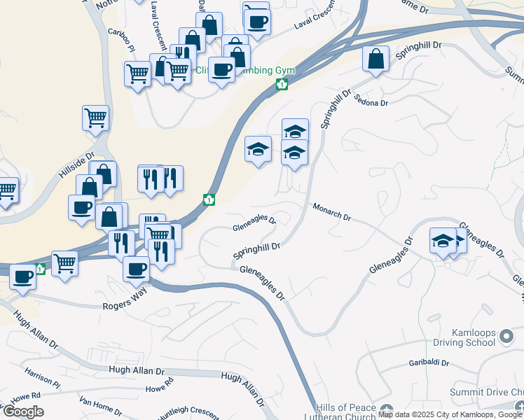map of restaurants, bars, coffee shops, grocery stores, and more near 1810 Springhill Drive in Kamloops