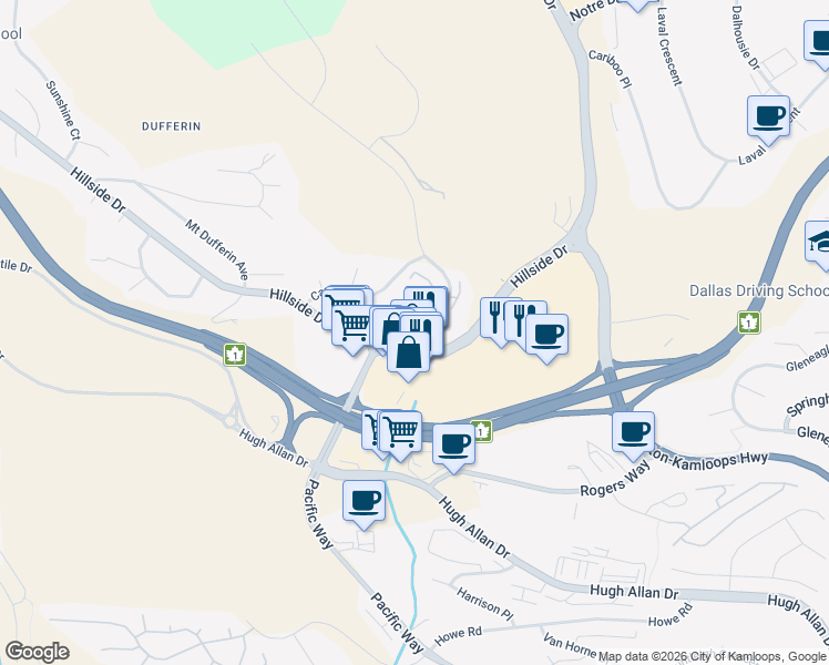 map of restaurants, bars, coffee shops, grocery stores, and more near 1390 Hillside Drive in Kamloops