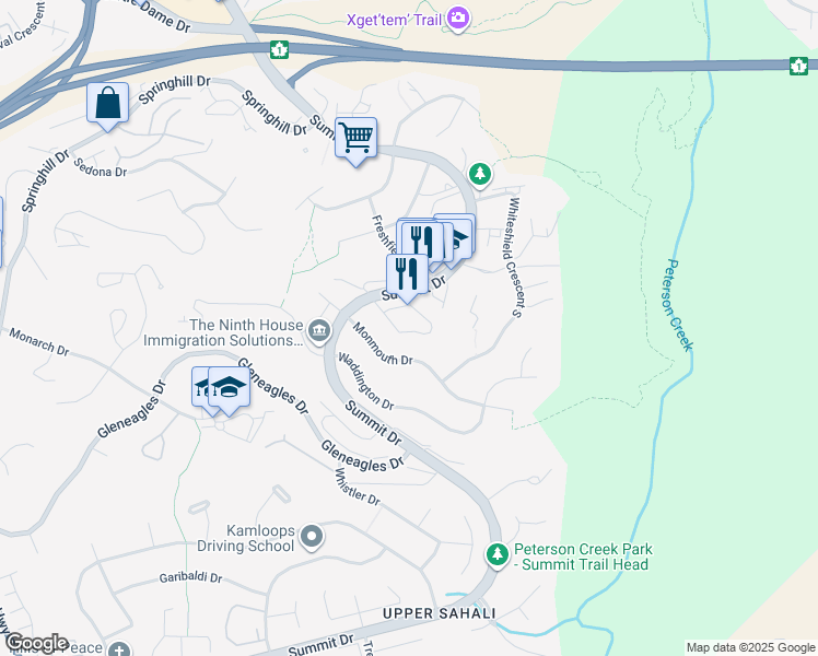 map of restaurants, bars, coffee shops, grocery stores, and more near 1605 Summit Drive in Kamloops