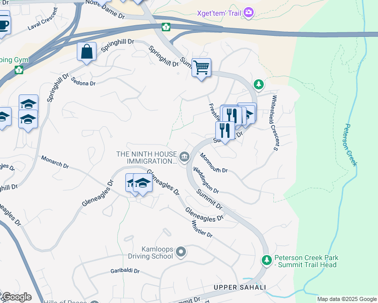 map of restaurants, bars, coffee shops, grocery stores, and more near 1657 Selwyn Road in Kamloops
