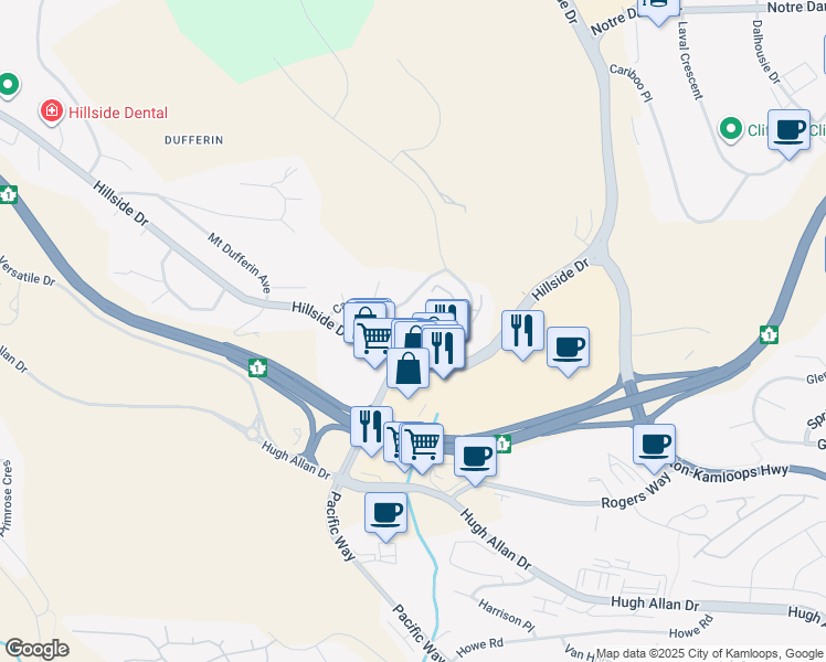 map of restaurants, bars, coffee shops, grocery stores, and more near 1750 Pacific Way in Kamloops