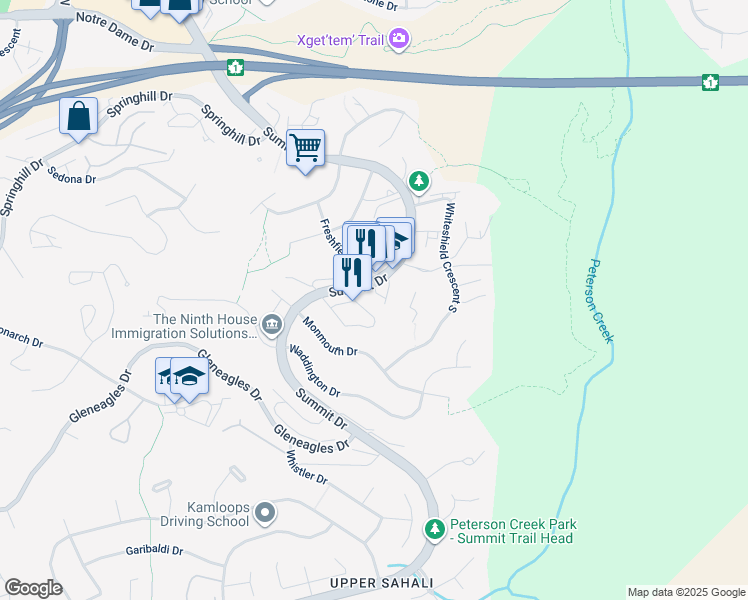 map of restaurants, bars, coffee shops, grocery stores, and more near 1595 Summit Drive in Kamloops