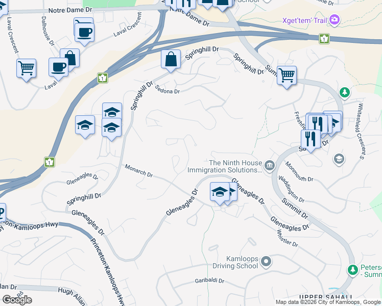 map of restaurants, bars, coffee shops, grocery stores, and more near 1775 McKinley Court in Kamloops