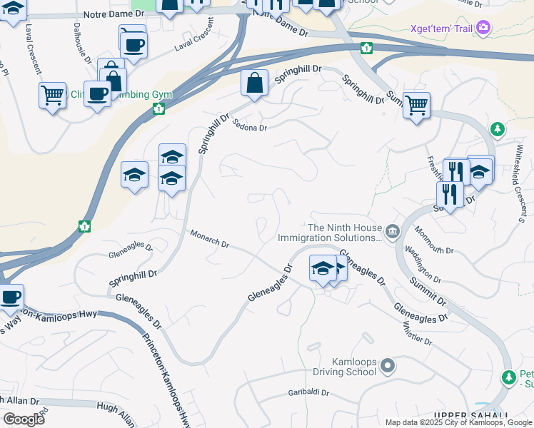 map of restaurants, bars, coffee shops, grocery stores, and more near 1750 McKinley Court in Kamloops