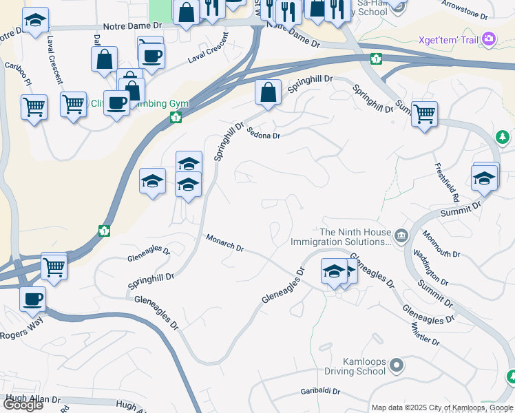 map of restaurants, bars, coffee shops, grocery stores, and more near 1775 McKinley Court in Kamloops