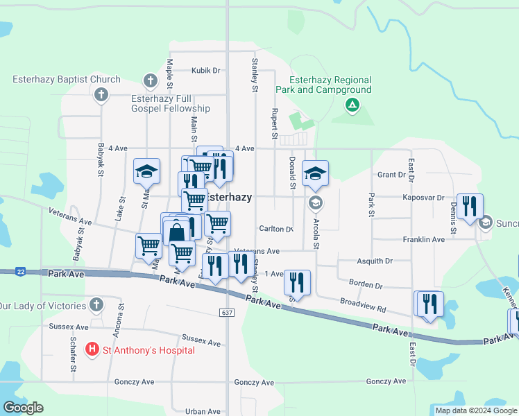 map of restaurants, bars, coffee shops, grocery stores, and more near 543 Stanley Street in Esterhazy