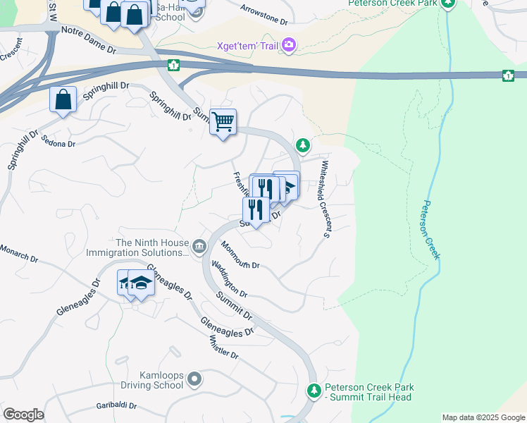 map of restaurants, bars, coffee shops, grocery stores, and more near 1590 Summit Drive in Kamloops