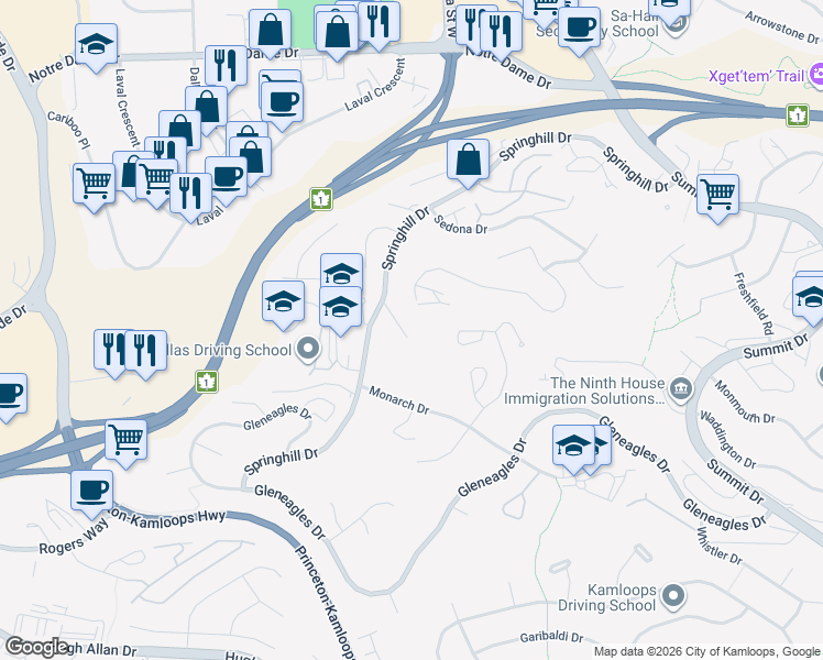 map of restaurants, bars, coffee shops, grocery stores, and more near 660 Humphrey Road in Kamloops