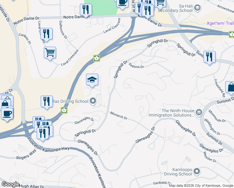 map of restaurants, bars, coffee shops, grocery stores, and more near 660 Humphrey Road in Kamloops