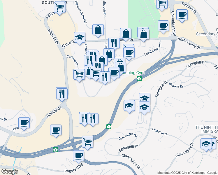 map of restaurants, bars, coffee shops, grocery stores, and more near 925 Laval Crescent in Kamloops