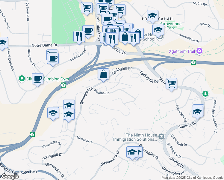 map of restaurants, bars, coffee shops, grocery stores, and more near 1575 Springhill Drive in Kamloops