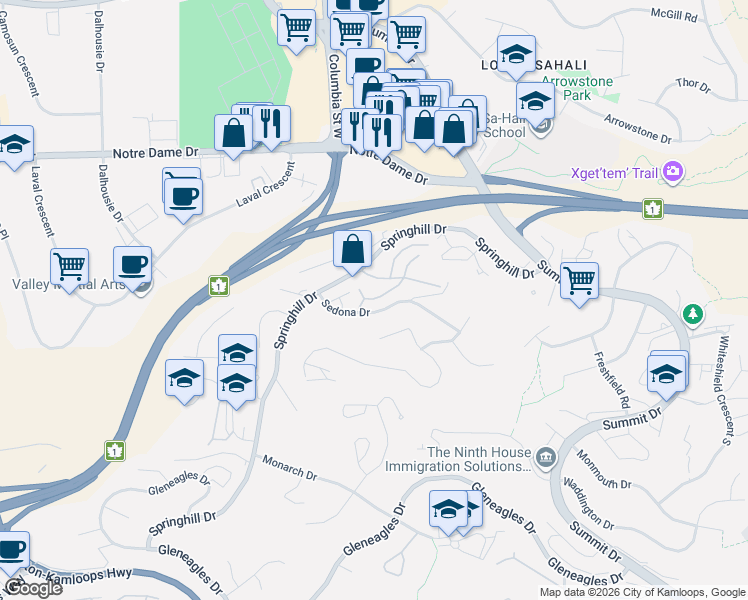 map of restaurants, bars, coffee shops, grocery stores, and more near 557 Sedona Drive in Kamloops