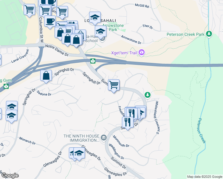 map of restaurants, bars, coffee shops, grocery stores, and more near 1430 Summit Drive in Kamloops