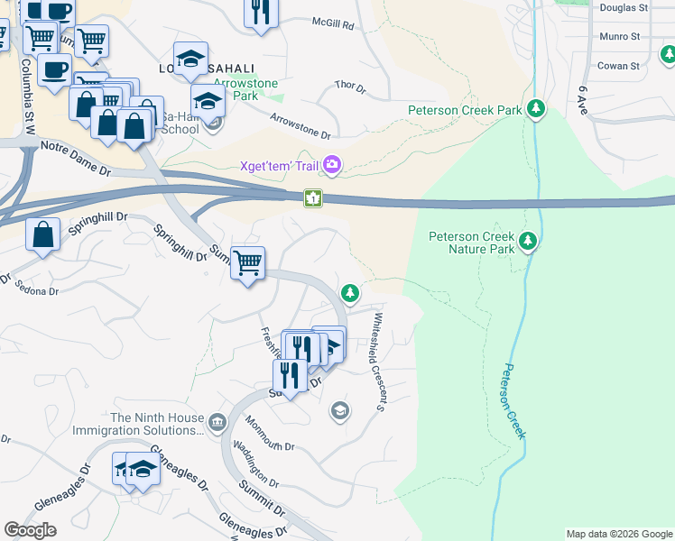 map of restaurants, bars, coffee shops, grocery stores, and more near 1555 Summit Drive in Kamloops