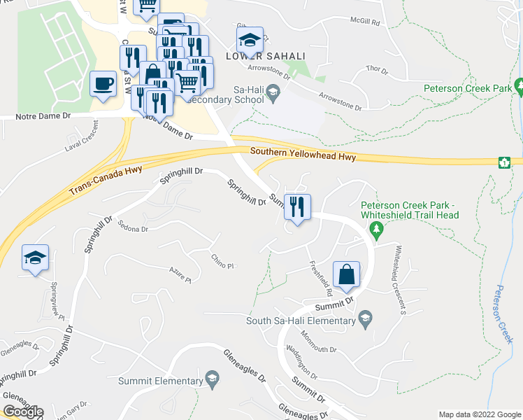 map of restaurants, bars, coffee shops, grocery stores, and more near 1405 Springhill Drive in Kamloops