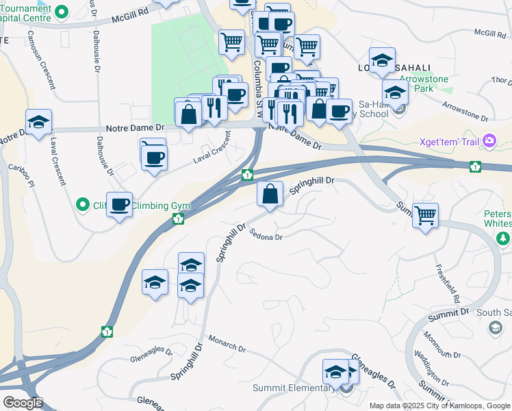 map of restaurants, bars, coffee shops, grocery stores, and more near 1580 Springhill Drive in Kamloops