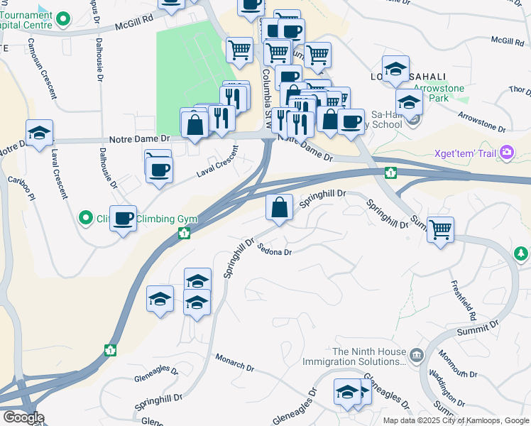 map of restaurants, bars, coffee shops, grocery stores, and more near 1580 Springhill Drive in Kamloops